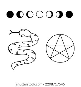 Small with moon phases, snake and pentagram. Doodle vector illustration, clipart.