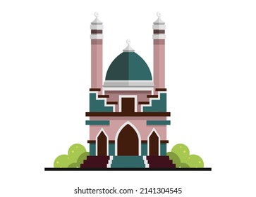 Small mosque building with two towers. Simple flat illustration
