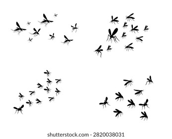 Small mosquito swarm silhouette pattern vector, flying insects cloud, pest infestation icon set isolated on white background.