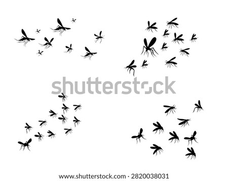 Small mosquito swarm silhouette pattern vector, flying insects cloud, pest infestation icon set isolated on white background.