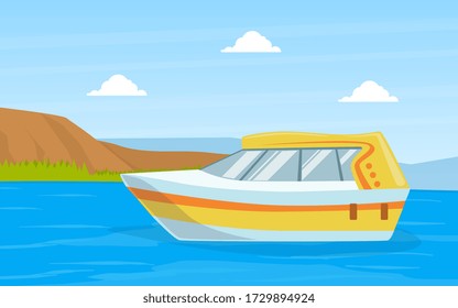 Small Motorboat on Blue River or Lake on Beautiful Summer Landscape Vector Illustration