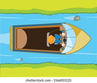 Small motorboat sails on river type overhand