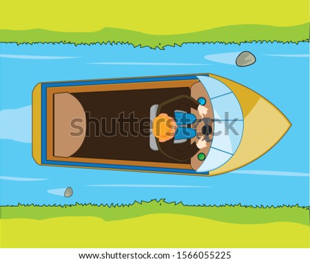 Small motorboat sails on river type overhand