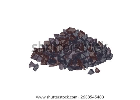 Small mountain of black salt crystals forming a pile isolated on a white background, creating a visually striking contrast with the dark, irregular shapes of the crystals