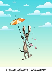 small mouse, flying, umbrella, sky, clouds, flower, petals, pink, flat, outline, yellow, card, illustration