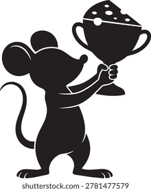 Small mouse holding a large winning trophy filled with gourmet cheese