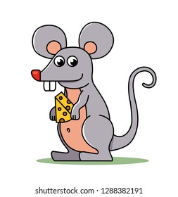 a small mouse holds in its paws a piece of cheese. character vector illustration.
