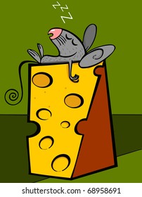 Small mouse sleeps on a piece of cheese