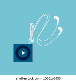 Small mp3 player sketch with white headphones, vector template, triangular play button, illustration with devices for music listening, square player