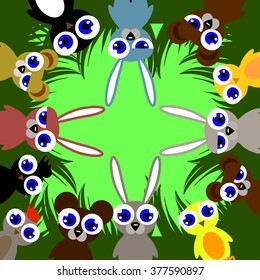 Small multi-colored animals with big eyes, hare, crow, chicken, bear, penguin, rooster, yellow, black, pink, sitting in green grass