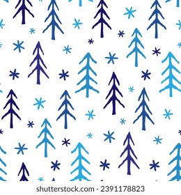 Small multi-colored blue Christmas trees and snowflakes isolated on a white background. Cute monochrome holiday seamless pattern. Vector simple flat graphic hand drawn illustration. Texture.
