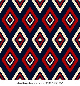 Small multicolored colorful rhombuses and circles isolated on a dark blue background. Cute geometric seamless pattern. Vector simple flat graphic illustration. Texture.