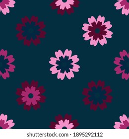Small multicolored flowers on a dark blue background. Seamless spring pattern for textiles, clothing, covers, gliders, wrapping paper. Vector illustration.