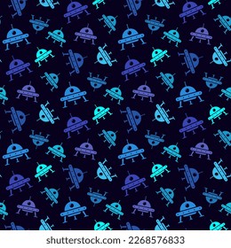 Small multicolored flying saucers isolated on a dark blue background. Cute seamless pattern. Vector simple flat graphic illustration. Texture.