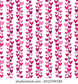 Small multi-colored hanging hearts isolated on a white background. Cute seamless pattern. Vector simple flat graphic illustration. Texture.