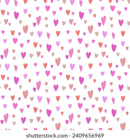 Small multi-colored hearts isolated on a white background. Cute seamless pattern. Vector simple flat graphic illustration. Texture.