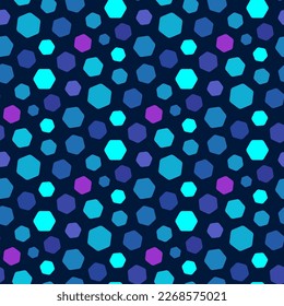 Small multicolored hexagons isolated on a dark blue background. Cute geometric seamless pattern. Vector simple flat graphic illustration. Isolated object on a white background. Isolate.