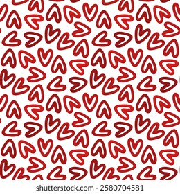 Small multicolored red hearts isolated on white background. Seamless pattern. Vector simple flat graphic hand drawn illustration. Texture.