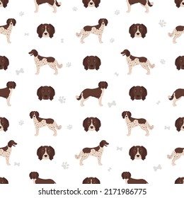 Small Munsterlander coat colors, different poses seamless pattern.  Vector illustration