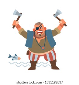 A small muscular Pirate-robber with an eye patch rejoices at the victory. Vector illustration of flat cartoon on white background
