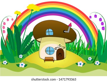 A small mushroom house with windows and a door in a clearing with flowers and grass, a rainbow from above. Fairytale mushroom house with a big hat.