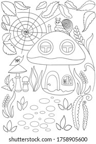 A small mushroom house with Windows and a door in a clearing with flowers and grass. Fabulous mushroom house with a snail on the hat.