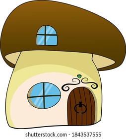 Small mushroom house with windows and a door. Fairytale mushroom house with a big hat.