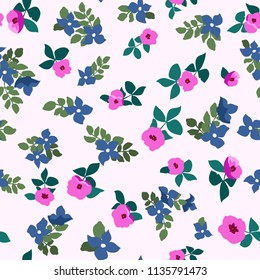 Small naive flowers seamless pattern. Chaotic order. Summer trendy floral background in liberty style. For textile, wallpaper, surface, print, gift wrap, scrapbooking, decoupage