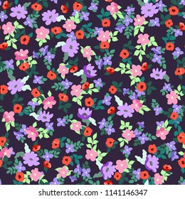 Small naive flowers seamless pattern. Chaotic order. Summer trendy floral background in liberty style. For textile, wallpaper, surface, print, gift wrap, scrapbooking, decoupage