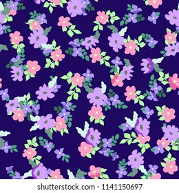 Small naive flowers seamless pattern. Chaotic order. Summer trendy floral background in liberty style. For textile, wallpaper, surface, print, gift wrap, scrapbooking, decoupage