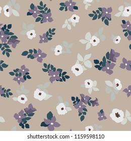 Small naive flowers seamless pattern. Chaotic order. Summer trendy floral background in liberty style. For textile, wallpaper, surface, print, gift wrap, scrapbooking, decoupage. Shabby chic
