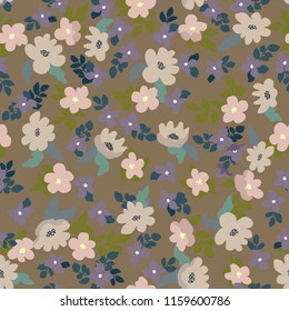 Small naive flowers seamless pattern. Chaotic order. Summer trendy floral background in liberty style. For textile, wallpaper, surface, print, gift wrap, scrapbooking, decoupage. Shabby chic