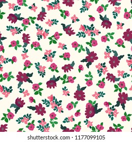 Small naive flowers seamless pattern. Chaotic order. Summer trendy floral background in liberty style. For textile, wallpaper, surface, print, gift wrap, scrapbooking, decoupage
