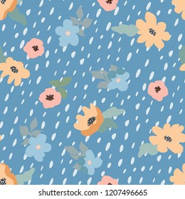 Small naive flowers seamless pattern. Chaotic order. Summer trendy floral background in liberty style. For textile, wallpaper, surface, print, gift wrap, scrapbooking, decoupage