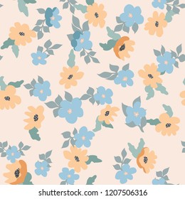 Small naive flowers seamless pattern. Chaotic order. Summer trendy floral background in liberty style. For textile, wallpaper, surface, print, gift wrap, scrapbooking, decoupage