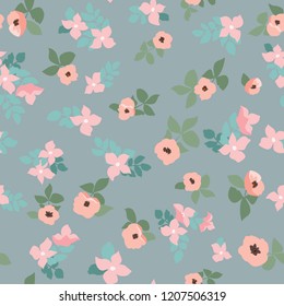 Small naive flowers seamless pattern. Chaotic order. Summer trendy floral background in liberty style. For textile, wallpaper, surface, print, gift wrap, scrapbooking, decoupage