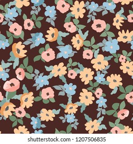 Small naive flowers seamless pattern. Chaotic order. Summer trendy floral background in liberty style. For textile, wallpaper, surface, print, gift wrap, scrapbooking, decoupage