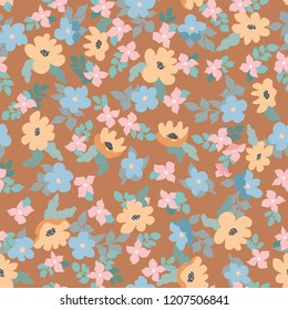 Small naive flowers seamless pattern. Chaotic order. Summer trendy floral background in liberty style. For textile, wallpaper, surface, print, gift wrap, scrapbooking, decoupage