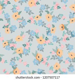 Small naive flowers seamless pattern. Chaotic order. Summer trendy floral background in liberty style. For textile, wallpaper, surface, print, gift wrap, scrapbooking, decoupage
