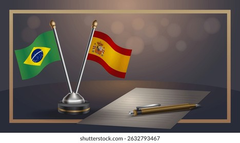 Small national flag of Brazil and Spain flag Relation, Template banner vector Illustration