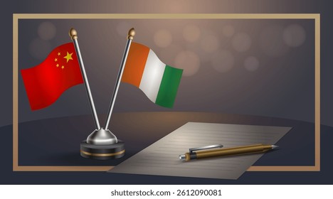 Small national flag of China and Cote D'Ivoire flag Relation, Template banner vector Illustration