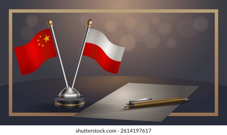 Small national flag of China and Poland  flag Relation, Template banner vector Illustration