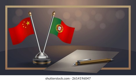 Small national flag of China and Portugal flag Relation, Template banner vector Illustration