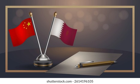 Small national flag of China and Qatar flag Relation, Template banner vector Illustration