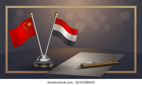 Small national flag of China and Yemen flag Relation, Template banner vector Illustration