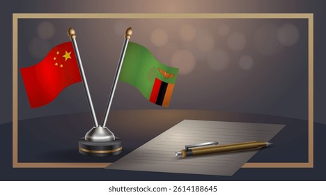 Small national flag of China and Zambia flag Relation, Template banner vector Illustration