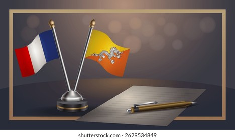 Small national flag of France and Bhutan flag Relation, Template banner vector Illustration