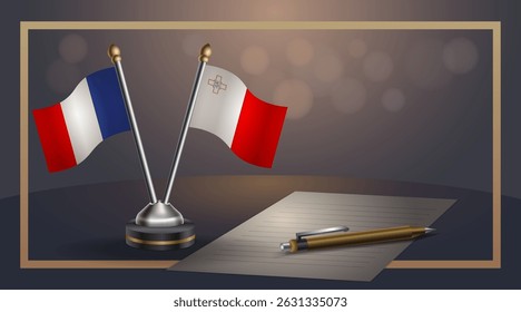 Small national flag of France and Malta flag Relation, Template banner vector Illustration