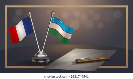 Small national flag of France and Uzbekistan flag Relation, Template banner vector Illustration