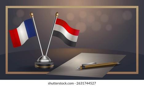 Small national flag of France and Yemen flag Relation, Template banner vector Illustration